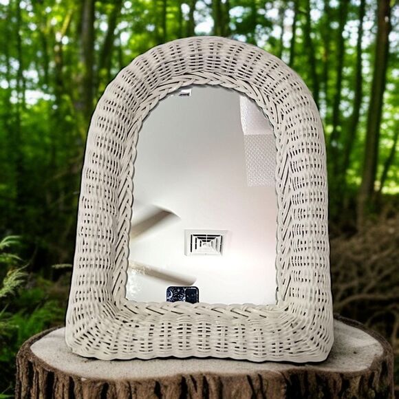 Vintage Wicker Arched Mirror Accent Wall White Boho Cottage Shabby Victorian - Picture 1 of 13